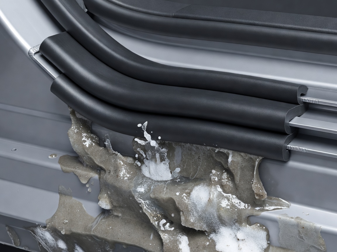 Soft-lit 3D cross-section render of a double-sealed automotive door sill protecting the rocker panel from road slush