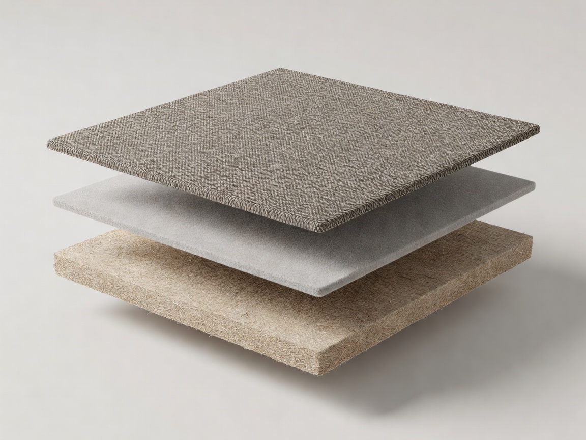 Soft-lit 3D exploded render of a flax-fibre door panel substrate, acoustic felt, and woven wool surface textile