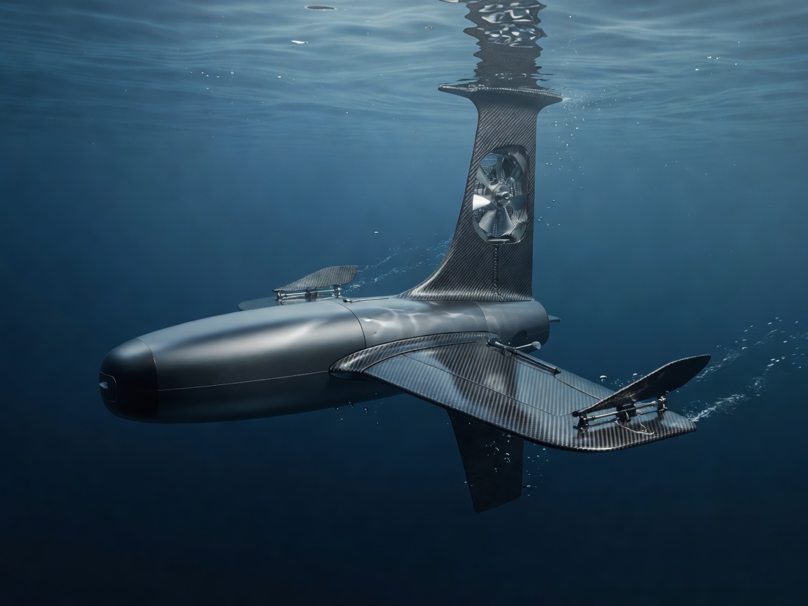Soft-lit 3D render of a submerged electric pod motor and carbon-fibre hydrofoil wing with active flap