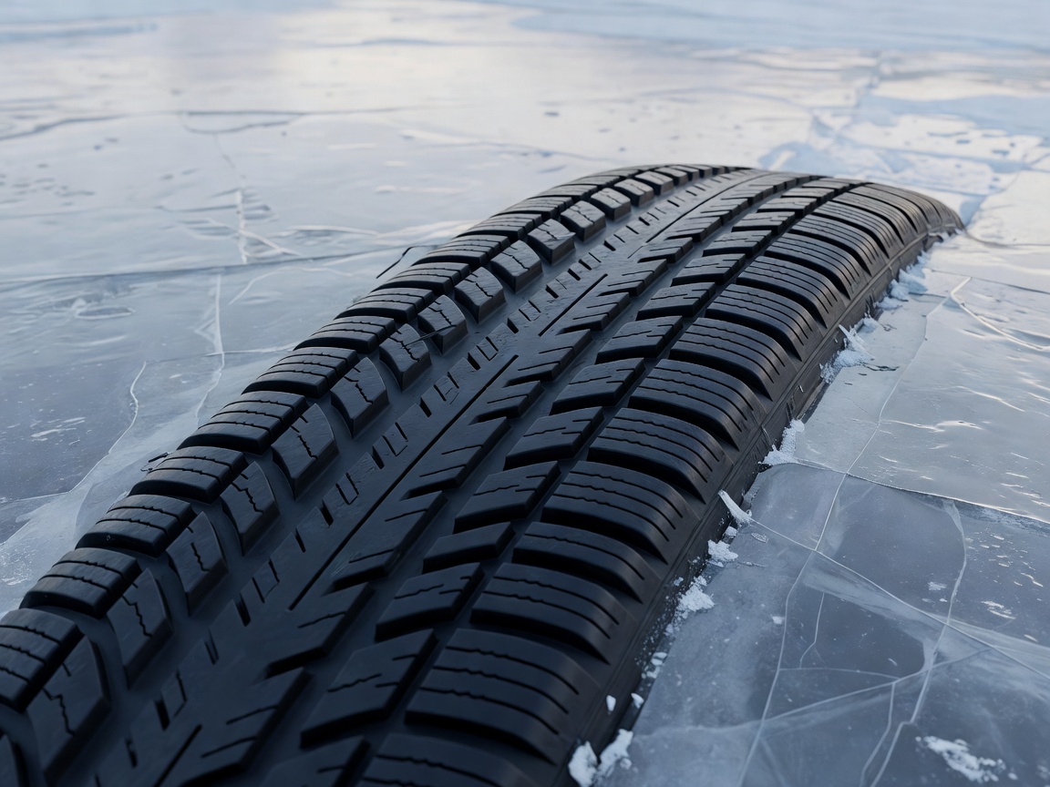 Soft-lit 3D magnified render of winter tyre sipes flexing under braking load on a translational ice plane