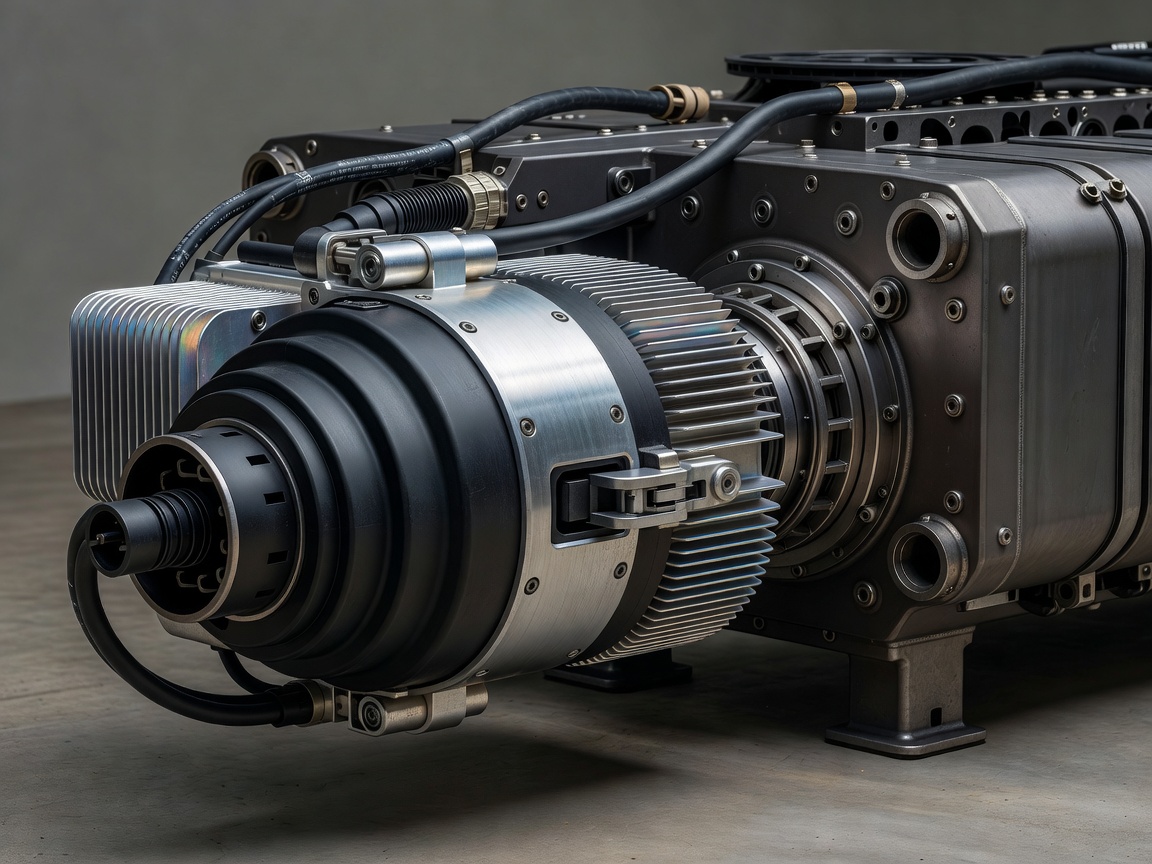 Soft-lit 3D render of a heavy-duty Megawatt Charging System (MCS) connector beside a commercial e-axle