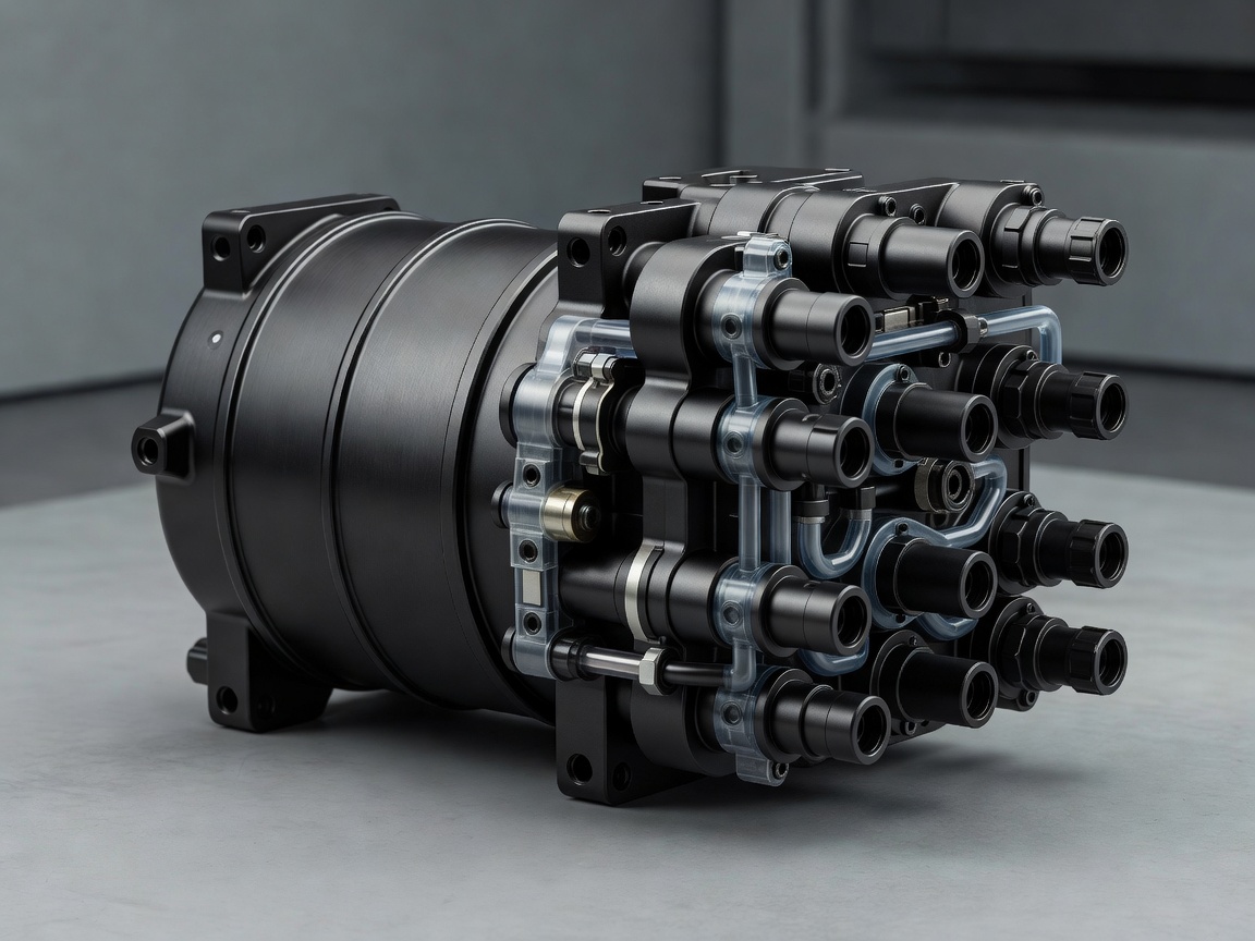 Soft-lit 3D render of an automotive heat pump compressor and multi-port coolant distribution manifold