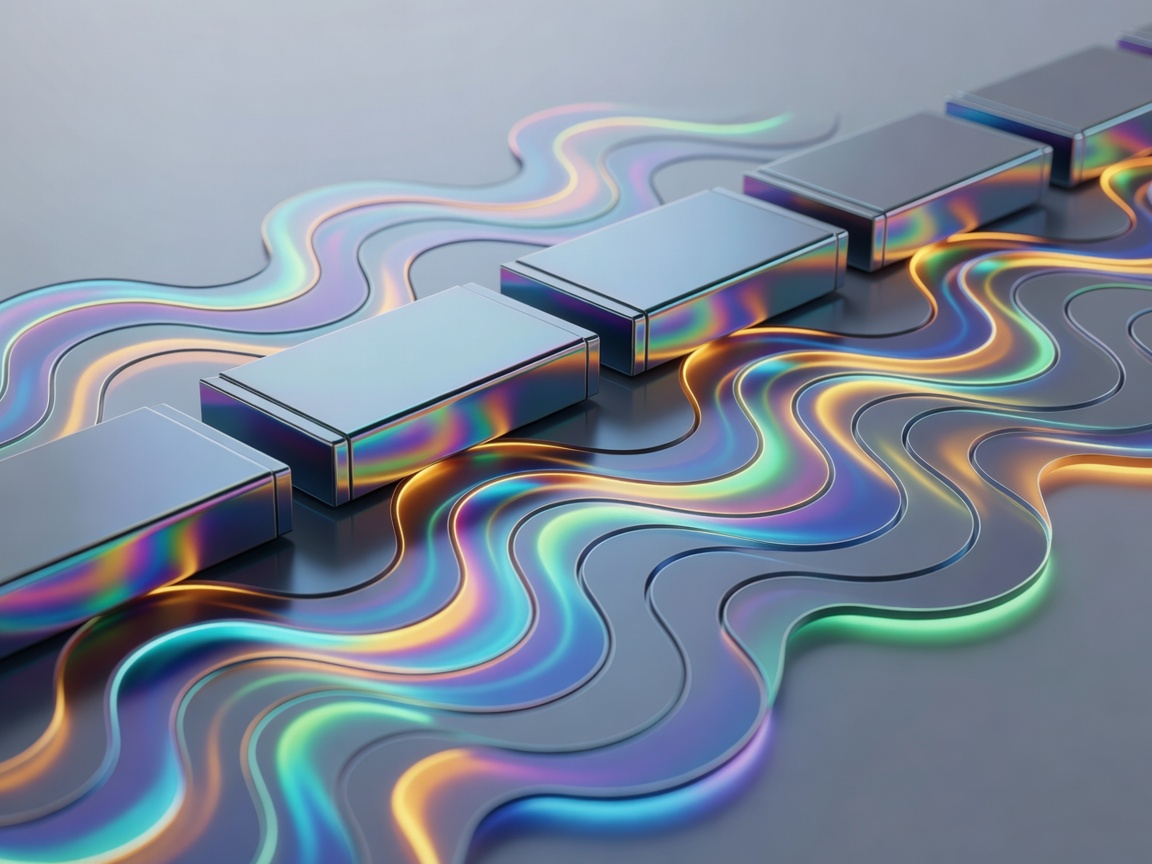 Soft-lit 3D render of prismatic lithium-ion battery cells resting on a serpentine thermal interface plate