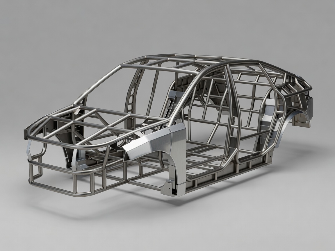 Soft-lit 3D render of an automotive safety cage highlighting boron steel upper load paths and battery side-impact extrusions