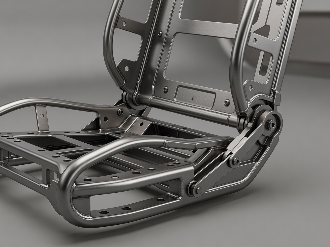 Soft-lit 3D render of a high-strength steel car seat frame highlighting the energy-absorbing rear hinge mechanism