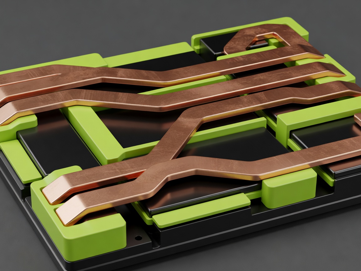 Soft-lit 3D render of an 800-volt silicon-carbide inverter module with heavy copper busbars and lime insulation accents