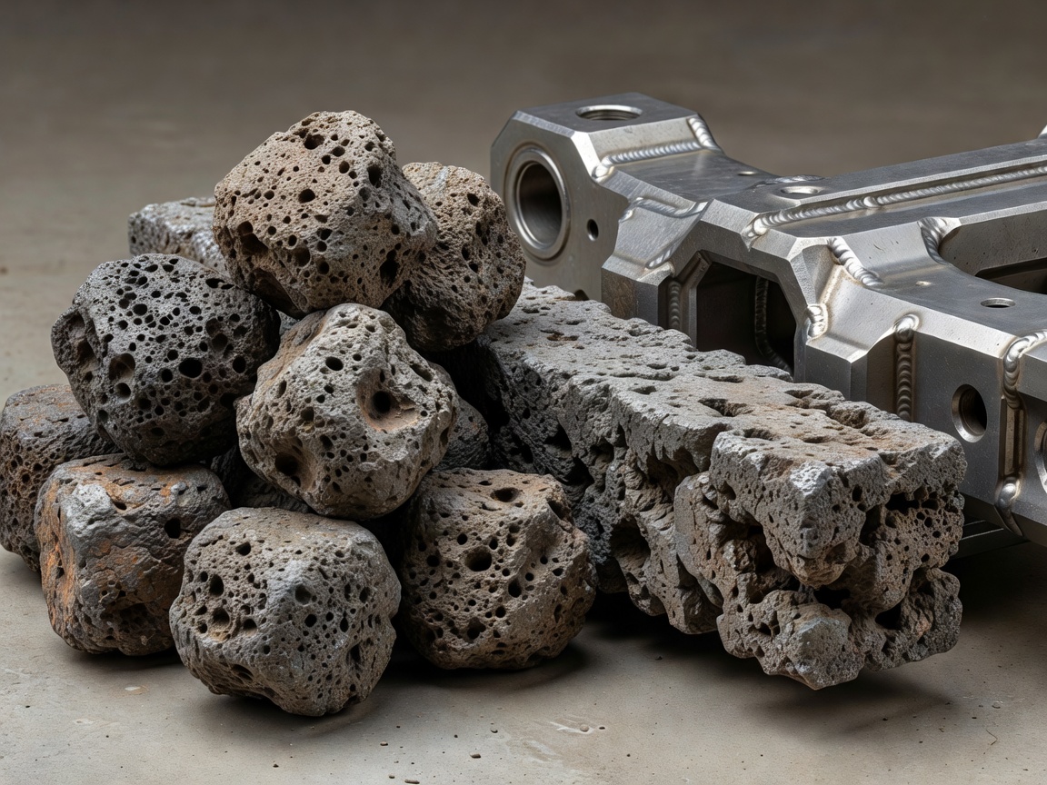 Soft-lit 3D render of porous direct-reduced sponge iron pellets beside a stamped automotive chassis cross-member