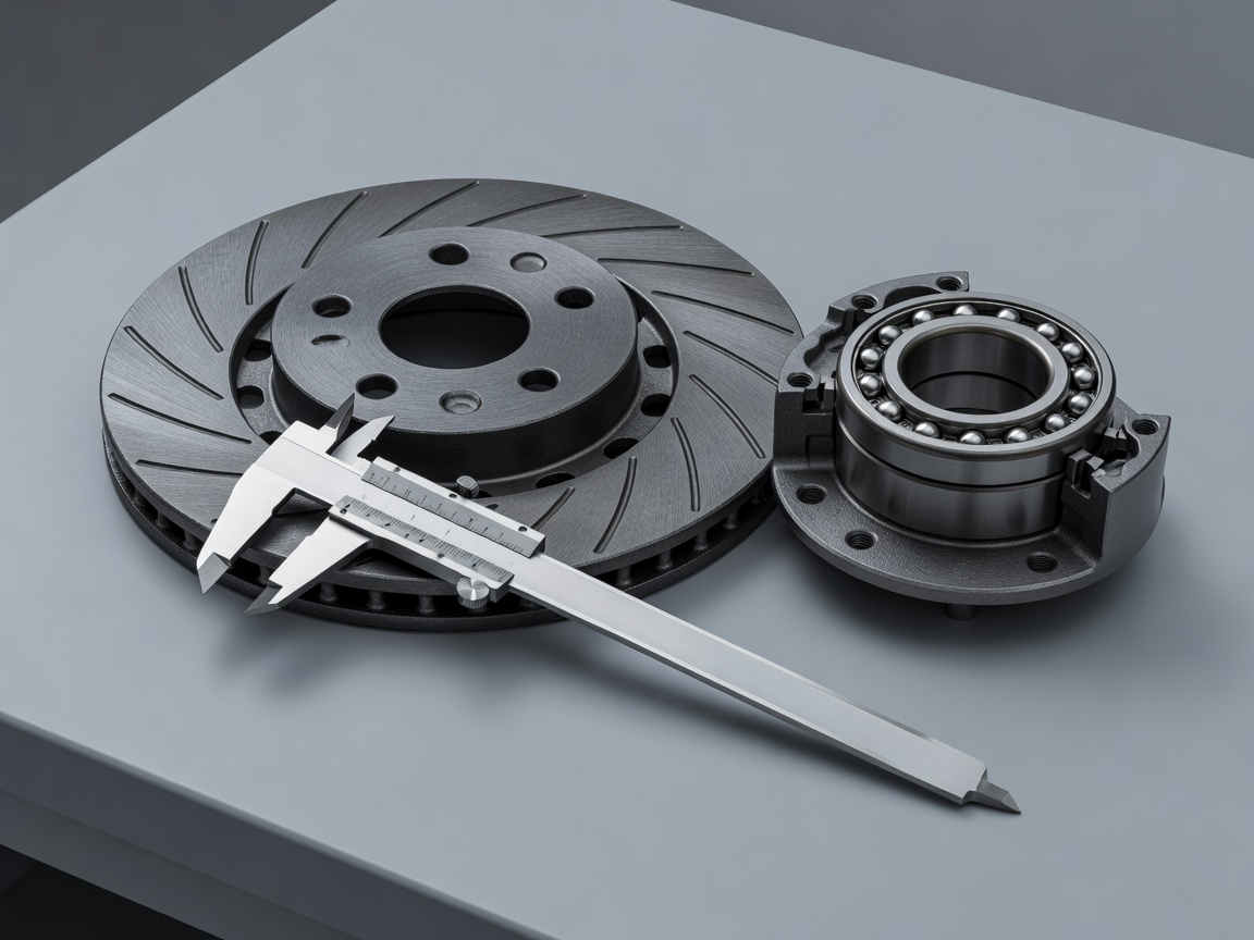 Soft-lit 3D render of a precision engineering caliper beside a vented brake disc and hub bearing section